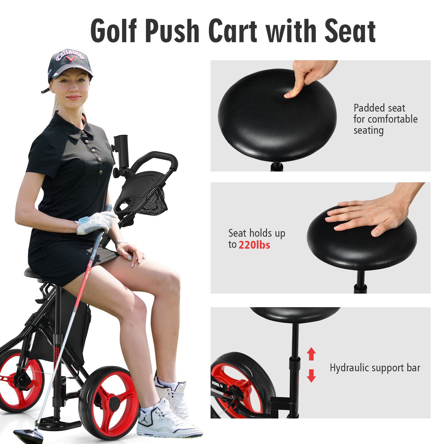 Coast 3-Wheel Golf Kart Kart à lumière réglable 129.5 x 75 x 101.5-119.5 cm rouge + noir