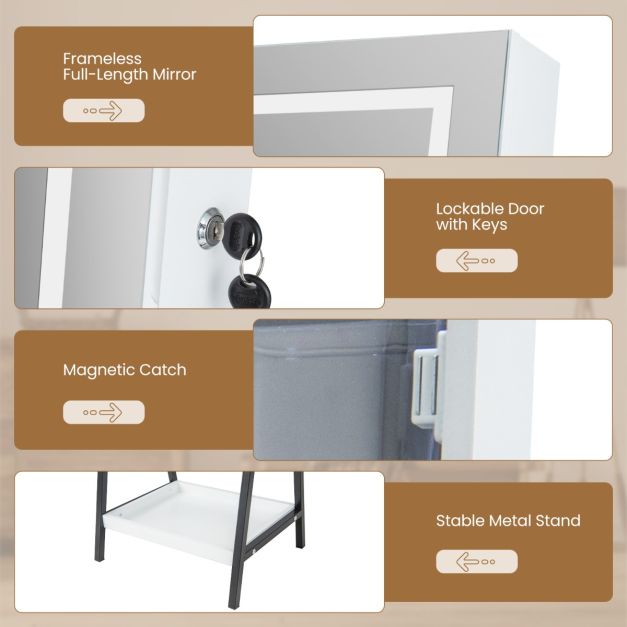 Armoire à bijoux avec miroir - Coast - LED - Blanc/Noir - 3 piles AA - 41x35x160 cm