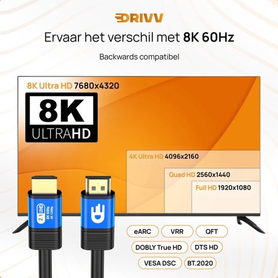 Câble HDMI Drivv. Premium 2.1 - Ultra HD haute vitesse 8K - HDMI vers HDMI - Compatible avec les consoles de jeux - 10 mètres - Bleu