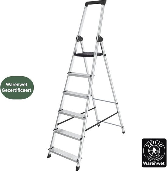 BRASQ Échelle ménagère 6 marches argent - Échelle de cuisine pliable en aluminium pour usage privé et professionnel - Échelle d'escalier - Antidérapant