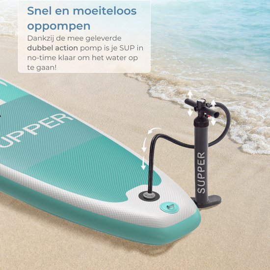 Supper Sup Board - Max. 120KG - Gonflable - Planche à pagaie - Pompe - Aileron - Leash - Sac de transport - 285 x 76 cm - Turquoise