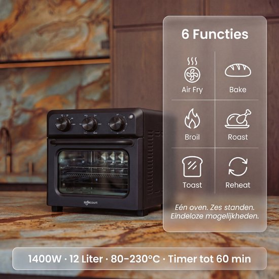 Safecourt 6-in-1 Airfyer oven - 100% sans PFAS - 6 programmes - 80 à 230 degrés - Airfryer, baking, roasting, toasting, grilling & reheating - Black