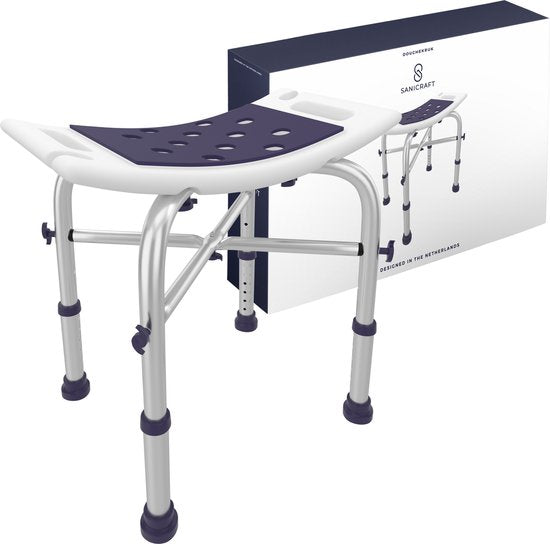 Sanicraft® Tabouret de douche - Tabouret de douche réglable avec siège - poignées, support de pommeau de douche et pieds antidérapants - inoxydable - capacité de charge de 120 kg