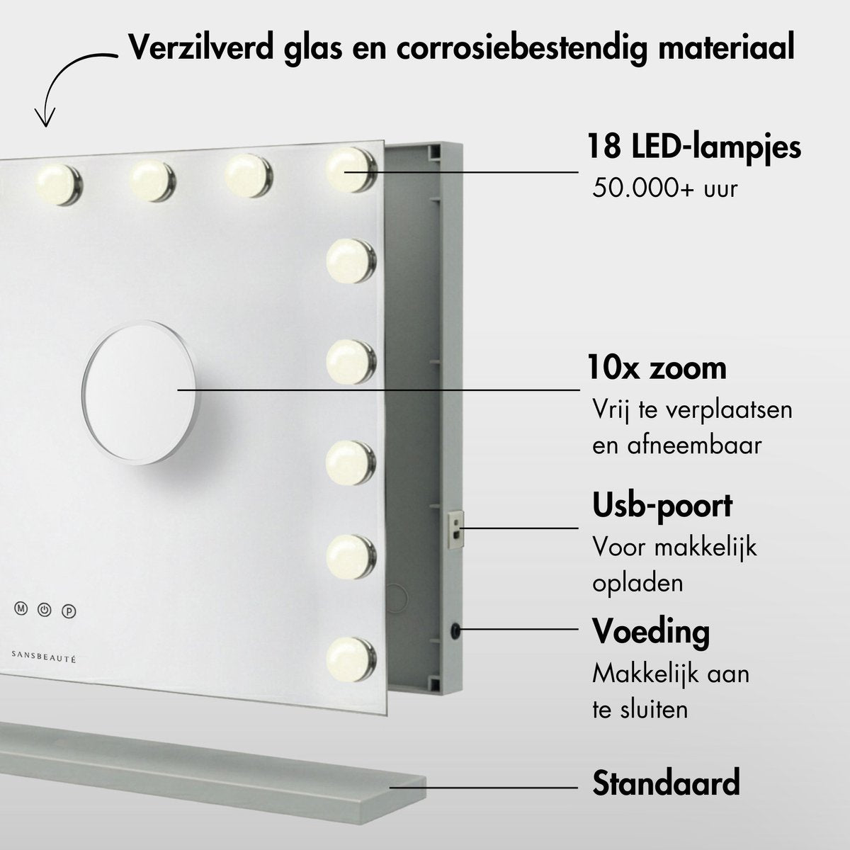 Sansbeauté® Hollywood Mirror 80x60 cm - Miroir de maquillage - 18 lampes LED - grossissement 10x - dimmable - port de charge USB - Touch Control - Bluetooth - Multi