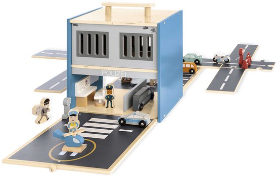 Commissariat de police en bois - univers de jeu « Commissariat de police Gordon » avec accessoires - transportable - pliable