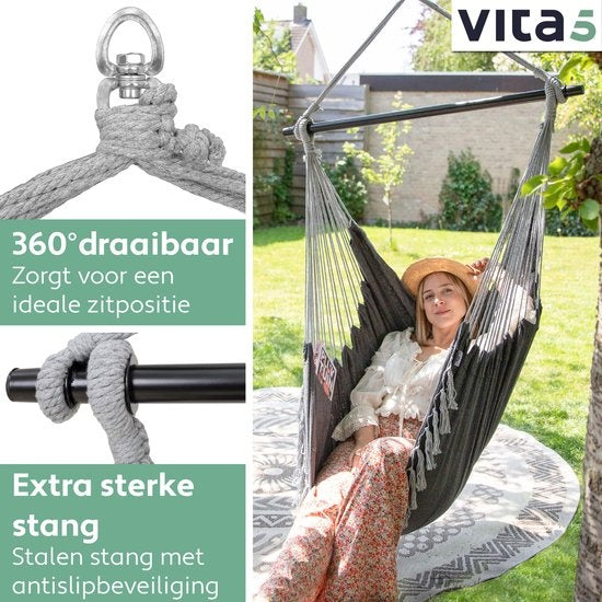 Vita5 XXL Hamac Chair | Nid suspendu intérieur/extérieur | 2 coussins et boîte à livres inclus | Adultes et enfants | Hamac Chair jusqu'à 200kg | Gris foncé