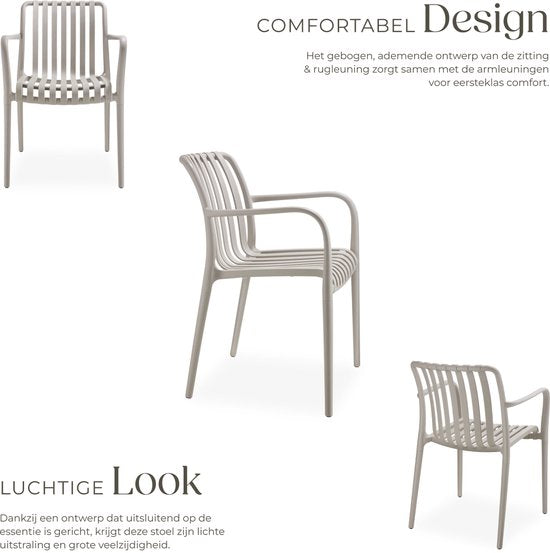 tectake® Lot de 4 chaises de jardin Alcudia - Taupe - Chaises en plastique avec accoudoir - Empilables - Chaises pour jardin, terrasse ou balcon - Résistantes aux intempéries et aux UV - Capacité 120kg par chaise de jardin