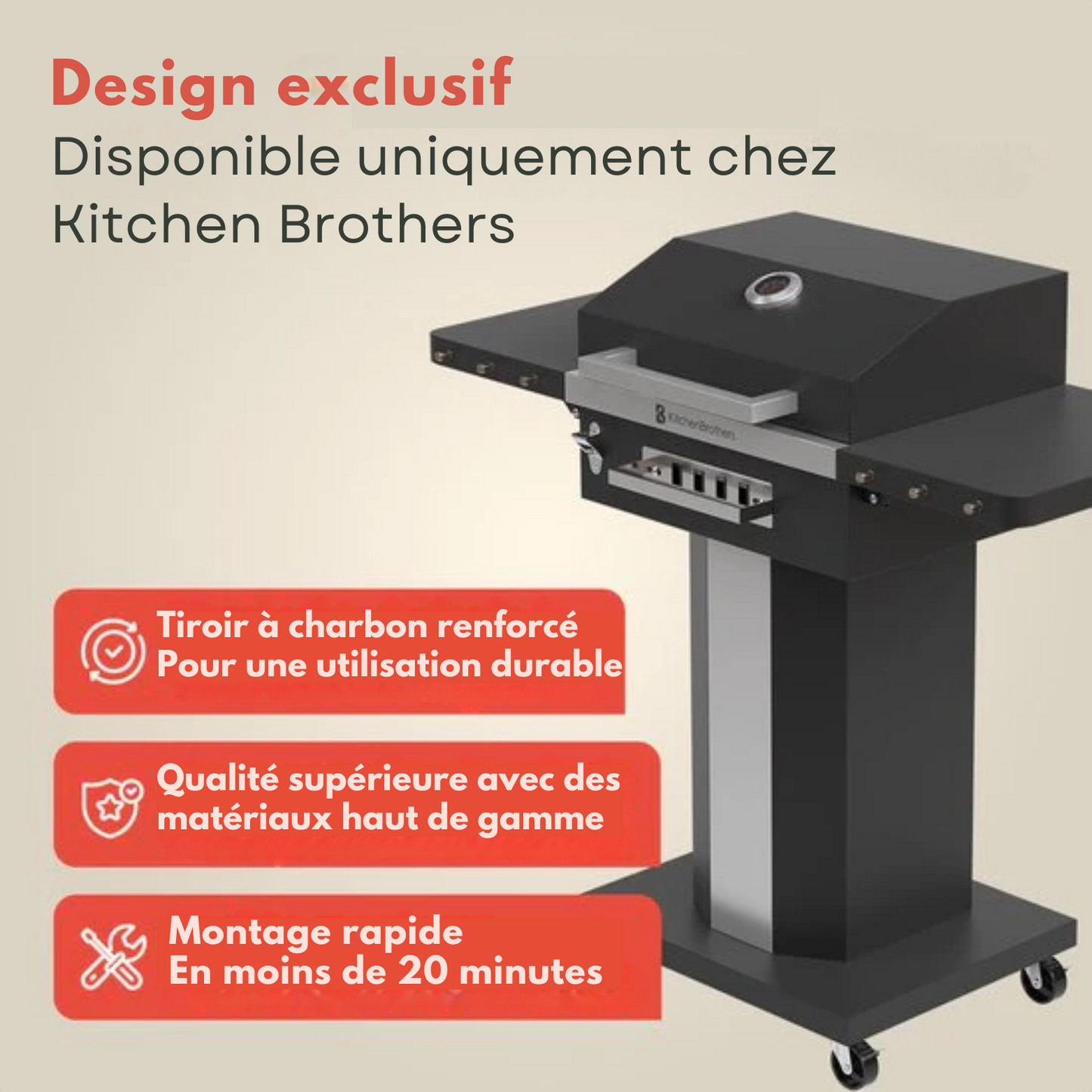Barbecue au charbon de bois – KitchenBrothers – Barbecue Grill - Avec couvercle, grille de réchauffage & roulettes – 81 x 48 x 94 cm – Noir