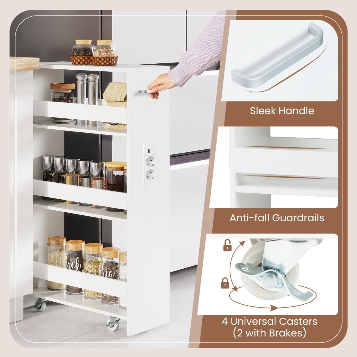 Chariot de rangement Coast Smalle - Chariot de cuisine mobile à 4 étages - avec station de recharge - blanc 47,5 x 20 x 80,5 cm
