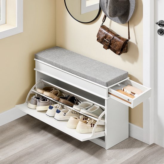 SoBuy FSR82-L-WG Meuble à chaussures banc d'entrée - banc à chaussures avec siège de toilette et coussin de rangement pour chaussures pour hall d'entrée, salon 75 x 24 x 51 cm, capacité 180 kg, blanc effet bois antique