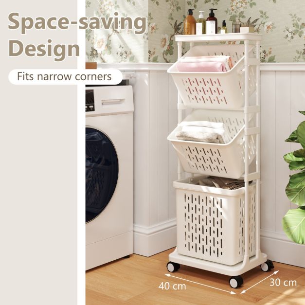 Coast Panier à linge avec 3 paniers - blanc - PP + Métal - Max.35 kg - 40x30x112 cm