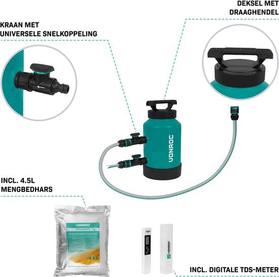 VONROC DI Filtre à eau pure - Filtre de déionisation - eau osmosée alternative - Inclus 4.5L de résine de lit de mélange, compteur TDS, tuyau et raccords