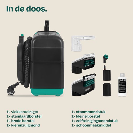 Nettoyeur de taches VONROC avec fonction vapeur - Nettoyeur de tapis - Nettoyeur à vapeur - 1 350 W - puissance d'aspiration de 16 kPa - accessoires et produit nettoyant inclus