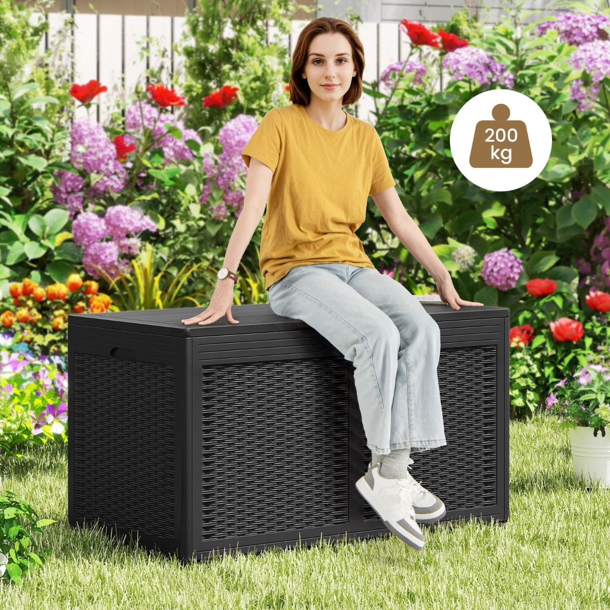 Coast Coffre de jardin à roulettes - coffre de rangement étanche - banc - noir - 380 litres