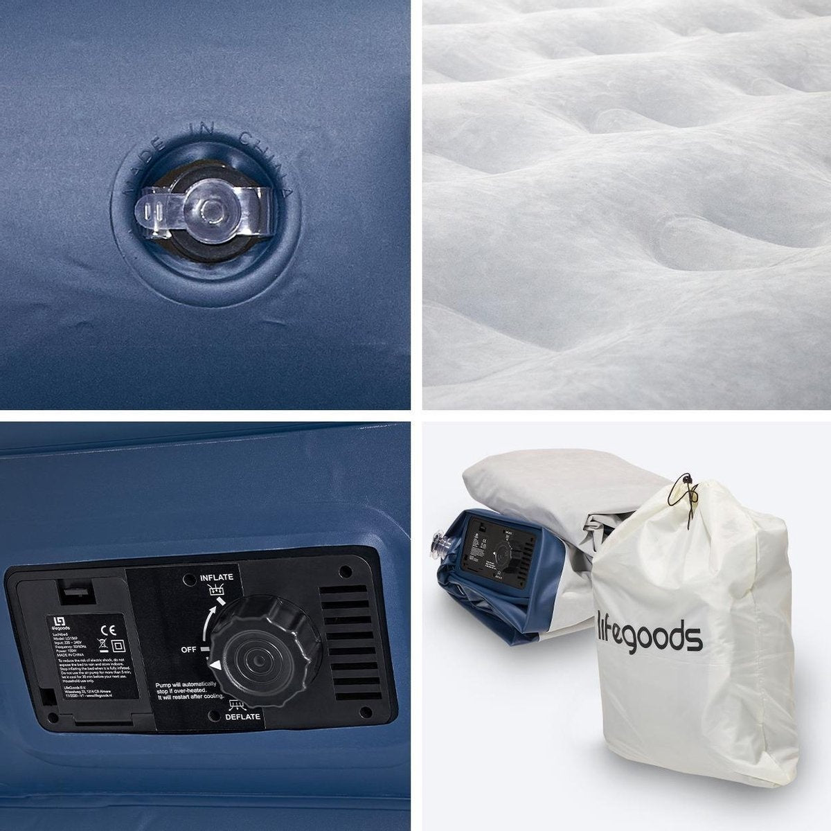 Lit gonflable 1 personne - LifeGoods - pompe intégrée - sac de transport+kit de réparation inclus - blanc-bleu