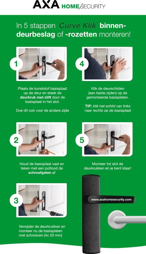AXA Inner door hardware set (Curve click) Aluminium poli : Levier (modèle Curve) sur bouclier et serrure avec têtière blanche