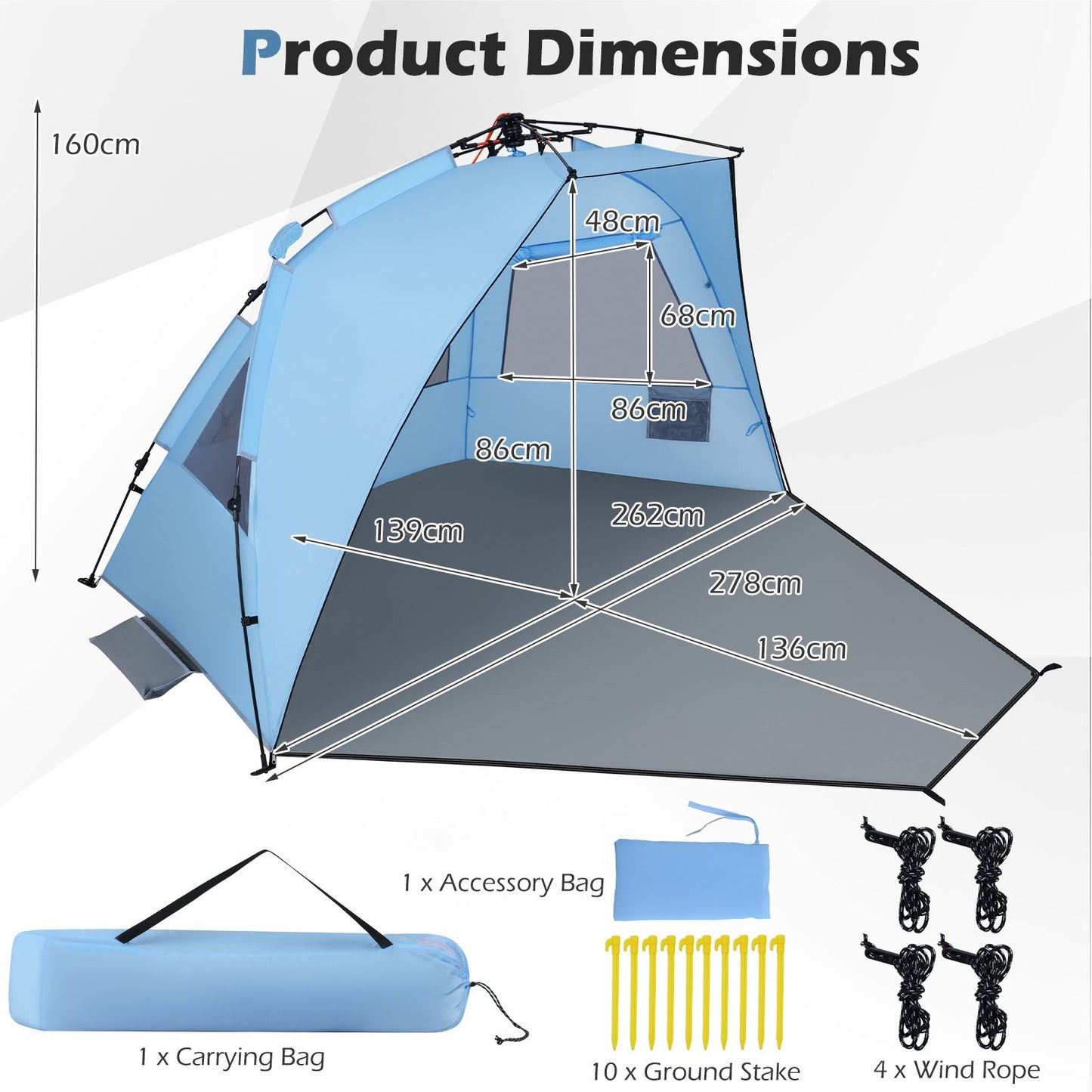 Tente de plage pop-up Coast pour 3-4 personnes - Gris/Bleu - 278 x 140 x 142 cm - Sac de transport, piquets et sacs de sable inclus