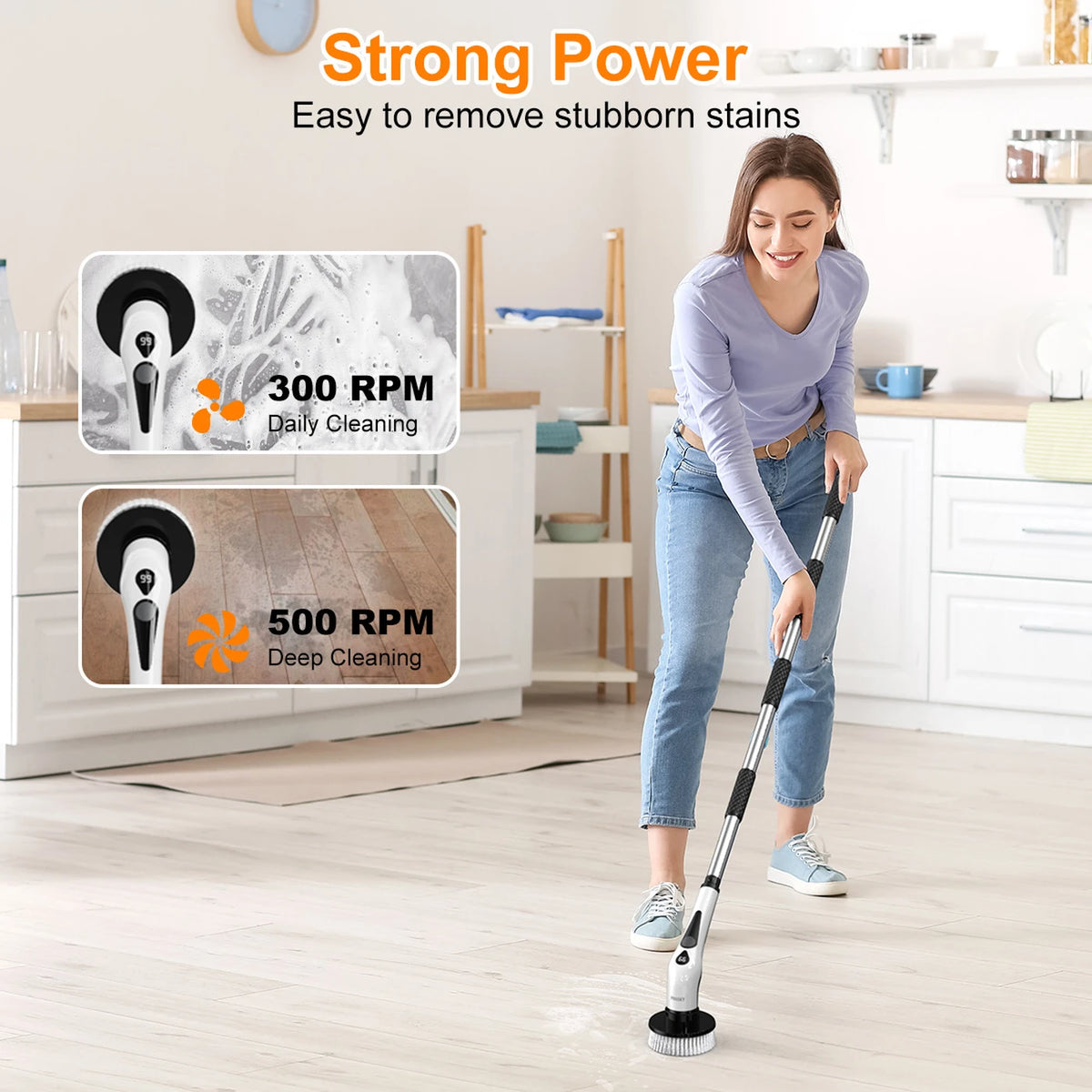 Brosse à récurer électrique sans fil Prasky - 9 têtes de brosse et manche télescopique de 55 à 120 cm - 400 tr/min - Étanche IPX8 - Noir