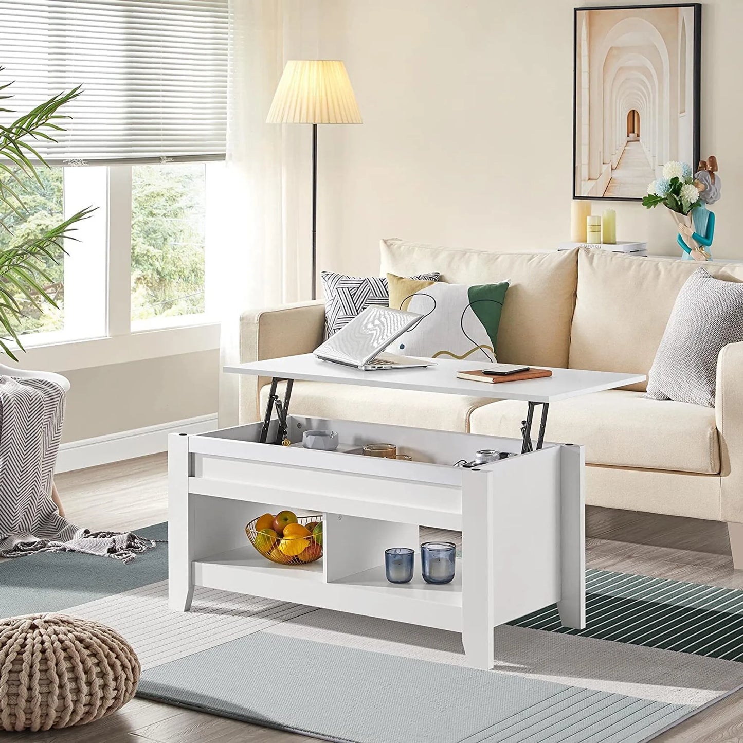 Yaheetech Table basse à plateau relevable - avec rangement caché et deux étagères ouvertes et mécanisme à ressort - pour salon et petits espaces - Mdf blanc et métal - 104.5 x 49.5 x 49-61.5 cm