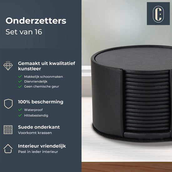 Castagnola Sous-verres en faux cuir - Sous-verres pour verres - Sous-verres design avec support - Sous-verres en cuir - Cuir - Lot de 16 - Noir