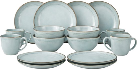 Service de table Mica Decorations Racco, 16 pièces - 4 couverts - Assiettes à petit-déjeuner, bols, tasses et assiettes à dîner - Service en grès - Service de table lavable au lave-vaisselle - Gris clair