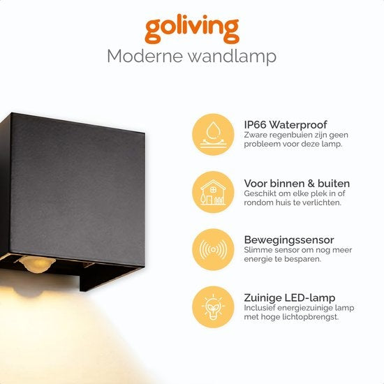 Goliving buitenlamp met bewegingssensor – Wandlamp zwart binnen en buiten – Kubuslamp industrieel – Waterdichte LED-verlichting - Energiezuinig en roestvrij