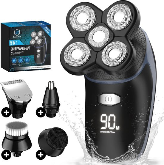 Beeperfect® Rasoir 5-en-1 pour hommes - Tondeuse - Rasage à sec et humide sans fil - Rasoir électrique - Tondeuse à barbe - 5 accessoires