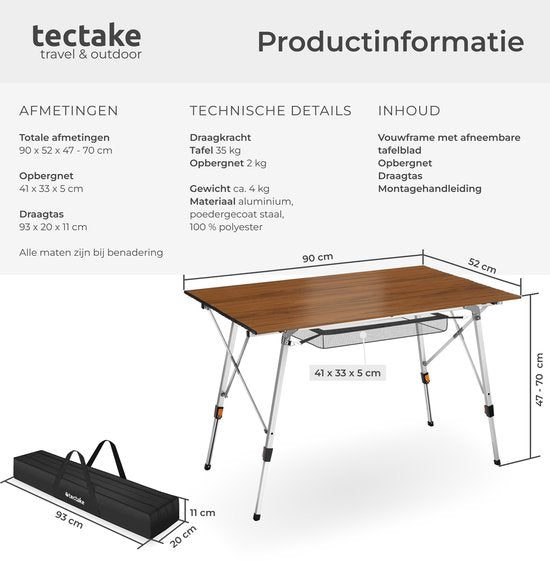 Table de camping tectake® - 90 x 52 x 47 - 70 cm - Table pliante en aluminium - Plateau enroulable - Table pliante - Table de voyage - Table de jardin - Résistante aux intempéries - Réglable en hauteur - Sac de transport - Pliable - Aspect bois