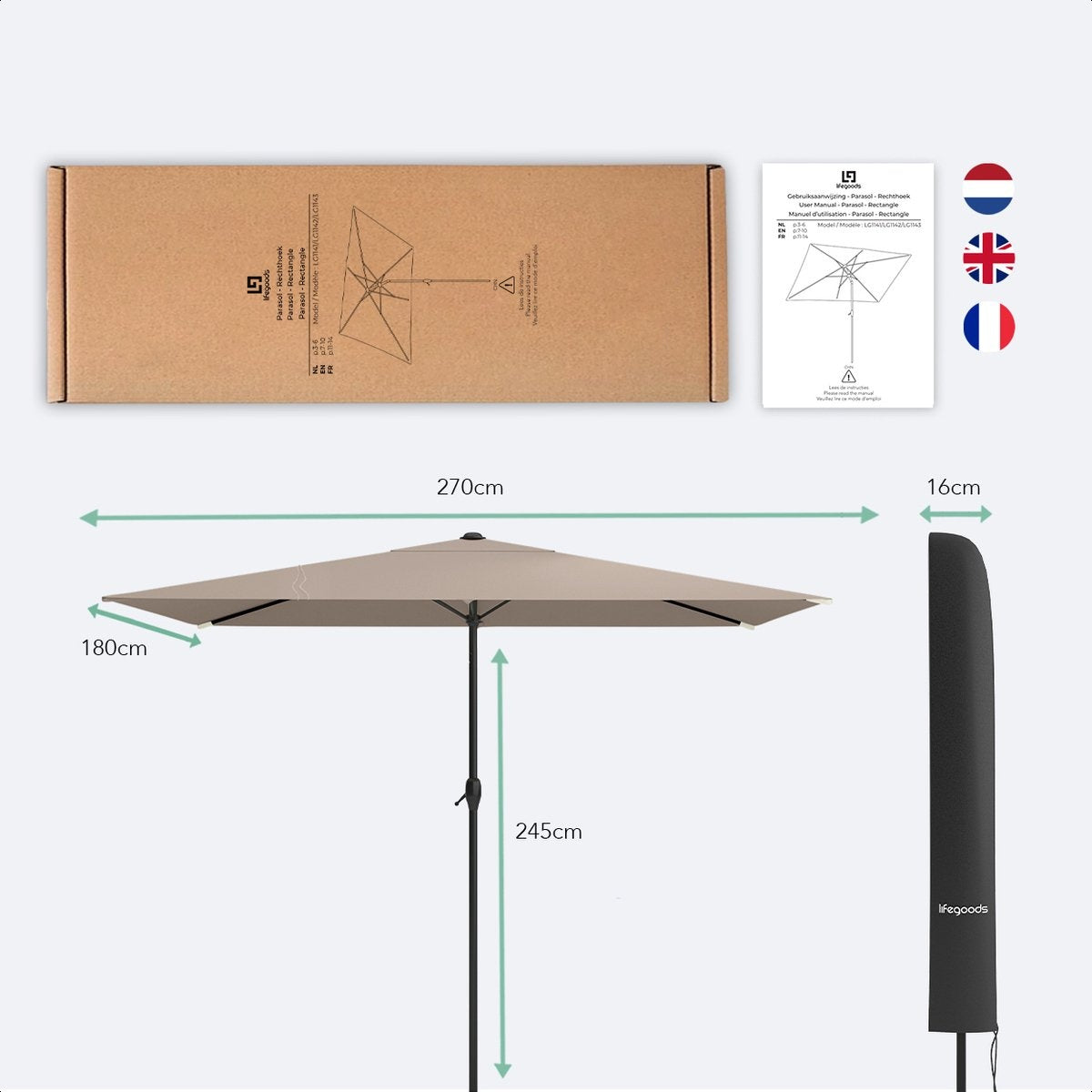Parasol Lifegoods - 270x180cm - terasse et jardin -30° inclinable - imperméable - avec housse - Taupe