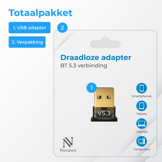 Adaptateur Bluetooth Nuvance - 5.3 - Récepteur Bluetooth - USB - Clé Bluetooth pour PC - Compatible avec Windows 11/10/8/7