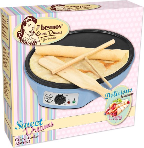 Appareil à crêpes Bestron - ASW602B - 1 000 W - Crêpière - 30 cm - Bleu - Avec pile en bois et spatule - Garantie 5 ans