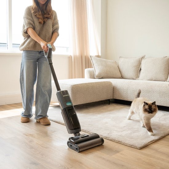 Achaté Nettoyeur de sols - 3-en-1 Aspirateur à manche avec fonction serpillière - Nettoyeur de sols secs et humides - Sans fil 55 min - Auto-nettoyant - Pour des sols propres et sans traces