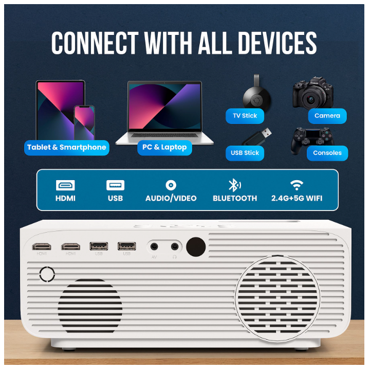 Strex - Mini vidéoprojecteur - 1080P Full HD - 15000 lumens - Streaming sans fil - WiFi - Bluetooth - Blanc