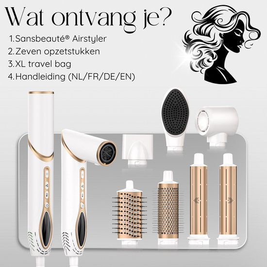 Sansbeauté® 7-in-1 Airstyler - Multistyler - Brosse sèche-cheveux cheveux courts - Hairstyler - Sèche-cheveux - Brosse sèche-cheveux - Brosse chauffante - Brosse à boucler - Pince à boucler - Brosse coiffante - Coldshot - Câble rotatif