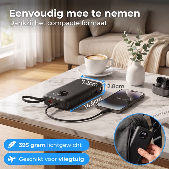 Nuvance Powerbank 20 000 mAh - Chargeur rapide 22,5 W USB-C et 8 broches - Kit d'urgence - 2 ports - 2 câbles intégrés - Powerbank