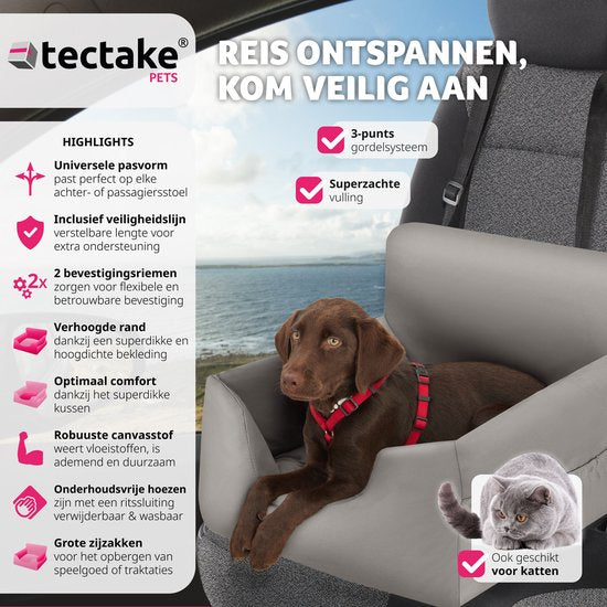 tectake® Siège auto pour chien Milow - Rembourré avec ligne de sécurité - Siège auto pour chien - Panier pour chien - Siège auto pour chien confortable et sûr - couleurs div. - 55x50x29cm - gris