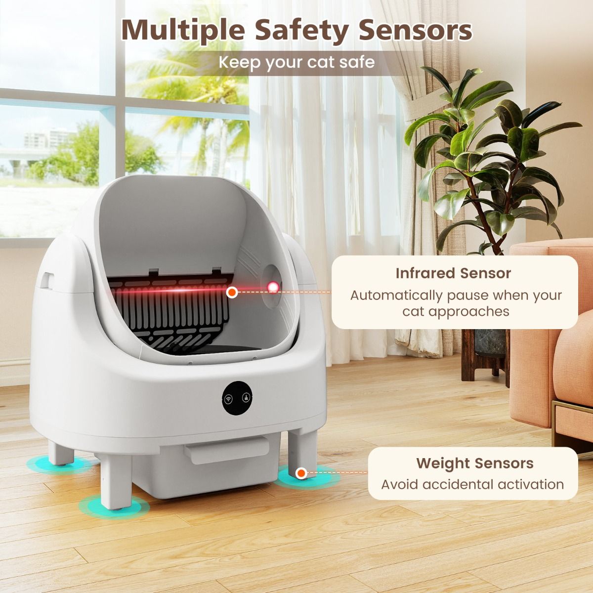 Litière automatique autonettoyante Coast - Commande via application - Capteurs de sécurité - Blanc