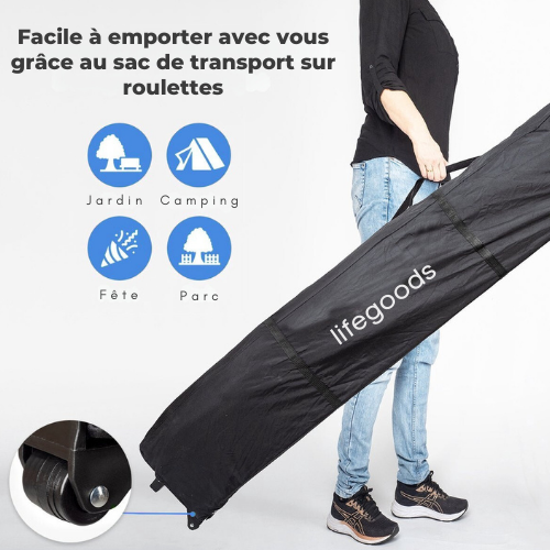 Tente de réception, LifeGoods, 3x4.5 m, Facile à monter, Pliable, Imperméable - Sac de transport à roulettes - Bleu foncé