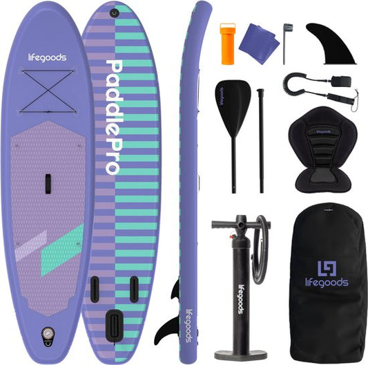 LifeGoods SUP Board All-round Compact - avec siège - capacité de charge de 100 KG - 300 x 76 cm - gonflable - ensemble complet de SUP - violet