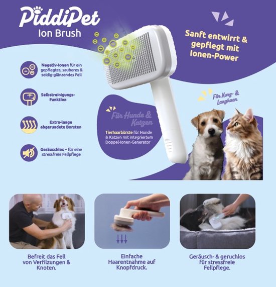 Brosse ionique PiddiPet IonBrush pour poils d'animaux – Autonettoyante et alimentée par piles – Soin du pelage pour chiens et chats – Réduit l'électricité statique, rend le pelage brillant – Lot de 2