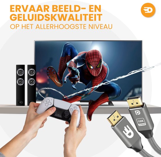 Drivv. Câble DisplayPort 2.1 - 16K 60Hz - 8K 120Hz - 4K 144Hz - 80Gbps - DisplayPort vers DisplayPort - Câble DP - 2 mètres - Gris