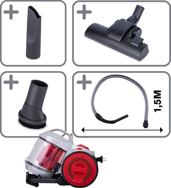 Aspirateur sans sac Dirt Devil - V8221 - 800W - Filtre HEPA 12 - Portée de 7.5M - avec brosse combinée, Kierzuugmond et accessoire pour meubles - 4.3KG - Boîte de récupération de la poussière 2.2L - Gris/Rouge