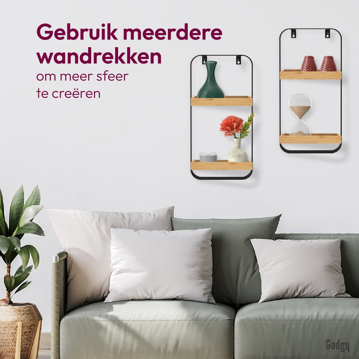 Gadgy Wandplank Metaal Hout Zwart - Wandbox met 2 houten plankjes - Wandrek - Wanddecoratie Industrieel - Muurdecoratie - 50x24 cm
