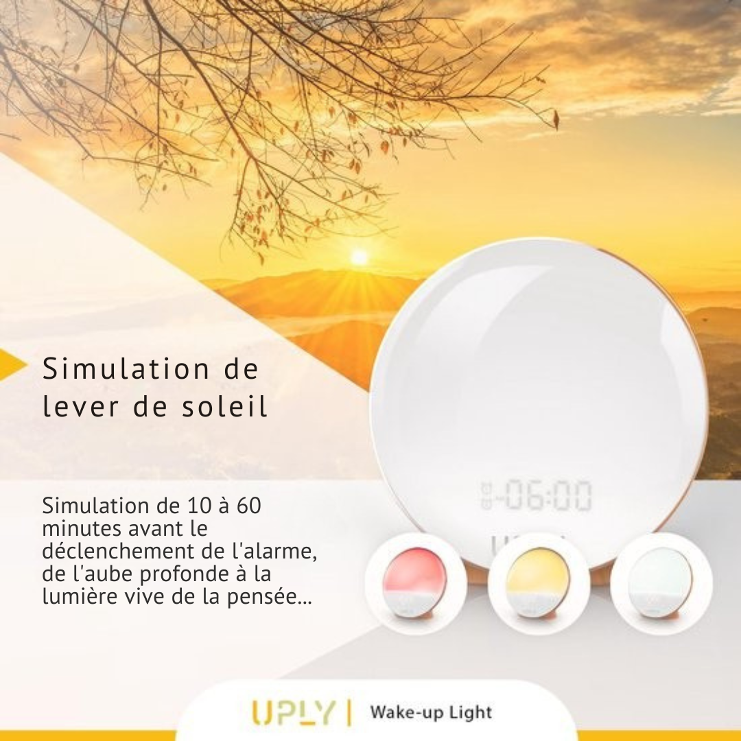 Lampe de Réveil - UPLY - Simulation du Lever et Coucher de Soleil, Sons Naturels, Radio - Commande via App