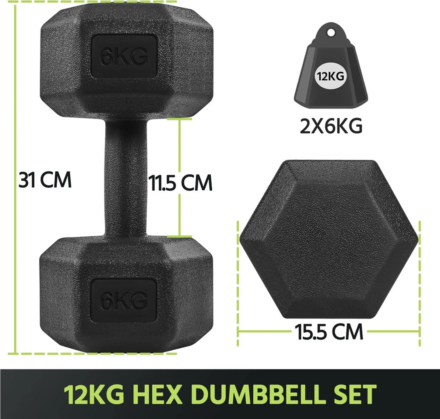 Yaheetech Dumbbell Set 2 Pieces - 12 kg - Conception hexagonale antiroulis, revêtement en plastique protégeant le sol et poignée ergonomique - Pour la musculation et le cardio - Béton noir et métal - 31 x 15.5 x 14 cm