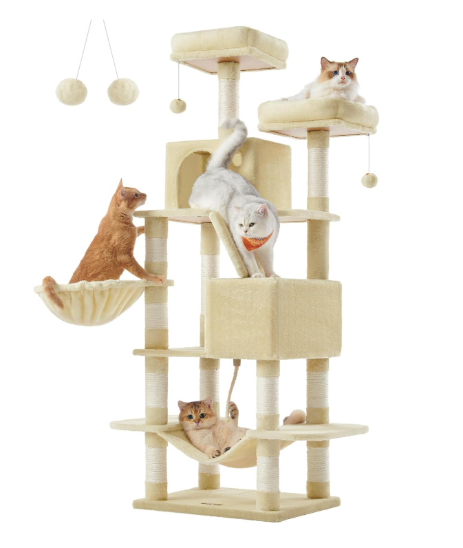 JoyFurnos Arbre à chat XXL 168 cm - Arbre à chat avec 13 poteaux à griffer, 2 niches, un hamac et un panier - Beige