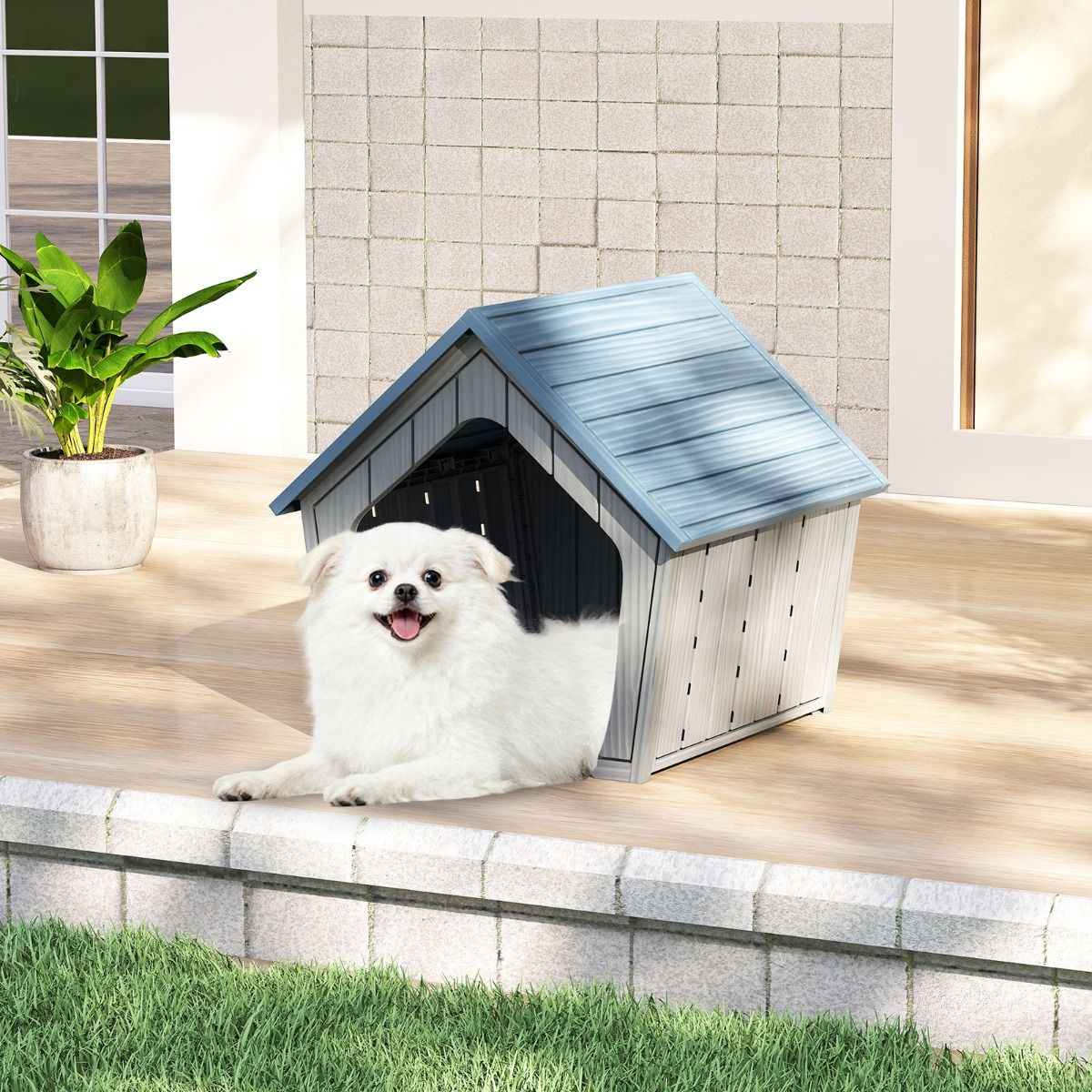 Maison pour chat Coast en plastique - Résistante aux intempéries - Grande entrée - Bleue et grise - 59,5 x 57 x 58 cm