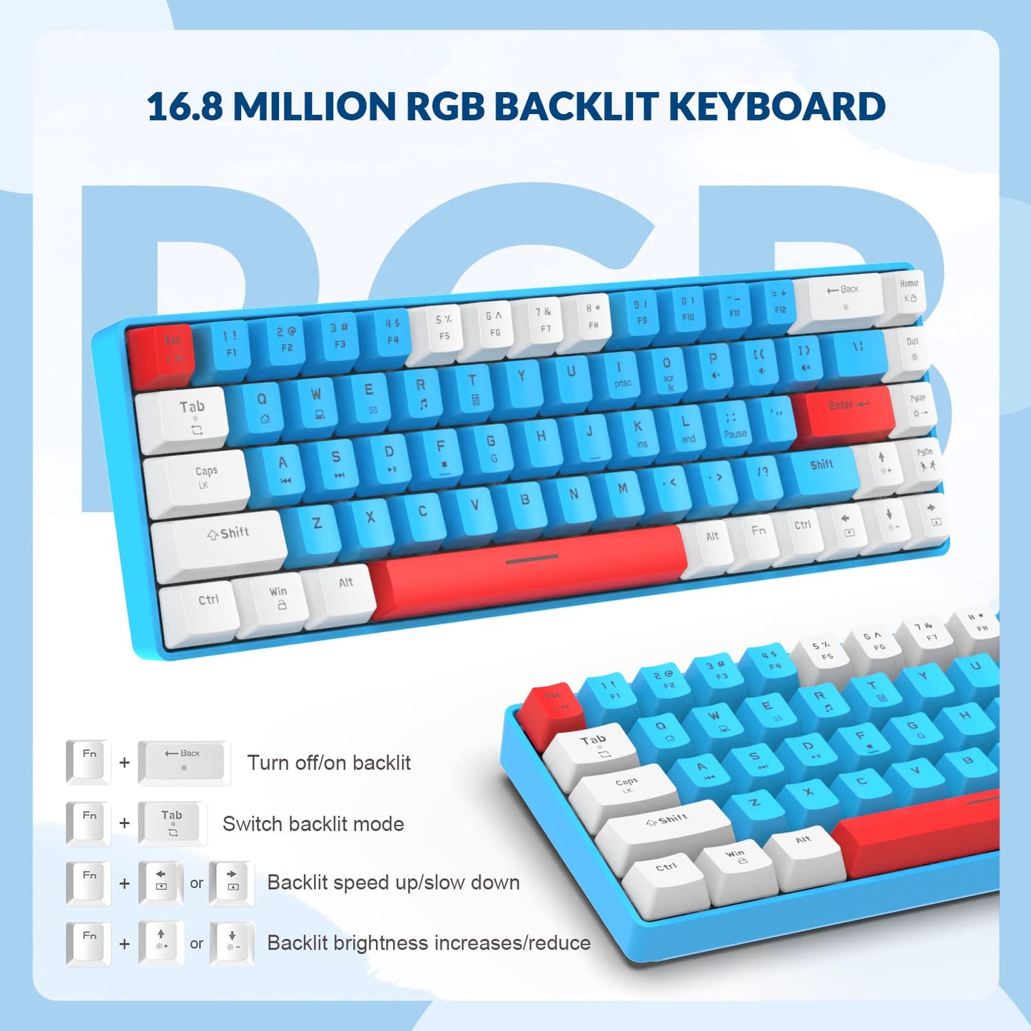 Clavier gaming YINDIAO T8 60 %, 68 touches, compact, filaire, mini-clavier mécanique avec rétroéclairage Chroma RGB à 18 couleurs, commutateurs rouges, câble spiralé USB-C, pour PC et Mac — gris clair
