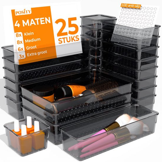 Posity Organisateur de tiroirs - 25 pièces - Plateaux d'organisation - Plateaux de tiroirs - Plateaux de stockage - Organisateur de maquillage - Pour la cuisine, la salle de bain et le bureau - Plastique - Noir transparent