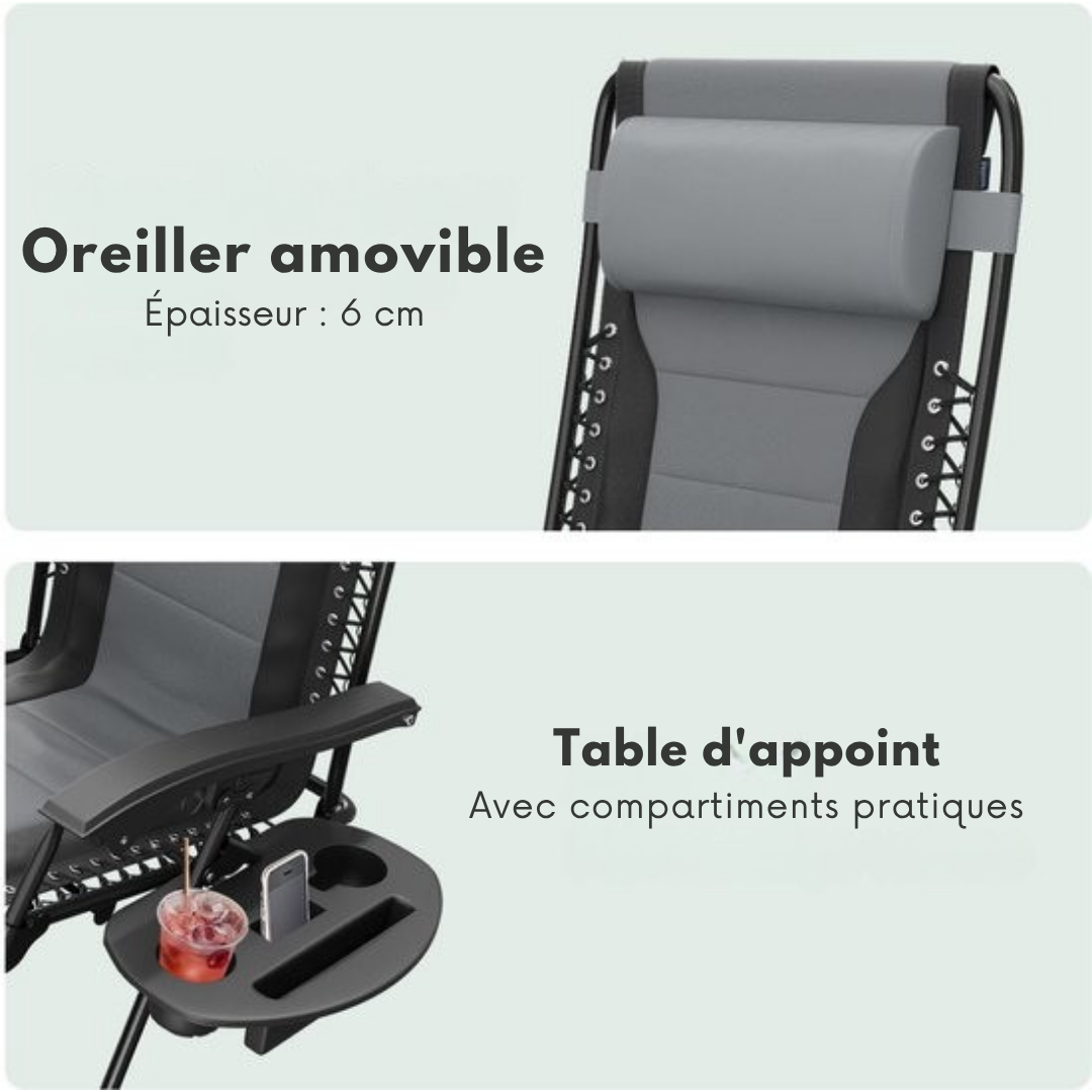 Chaise longue LifeGoods - Pliable - Inclinable de 30° à 90° - Charge max 150kg - Noir/gris